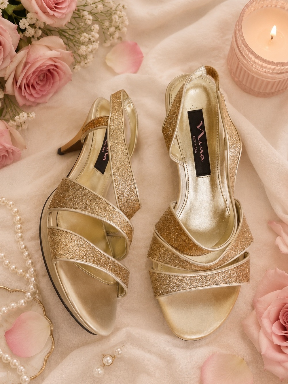 Nina Baby Glitter Open Toe Strappy Slingback Heels in Gold Size 6.5